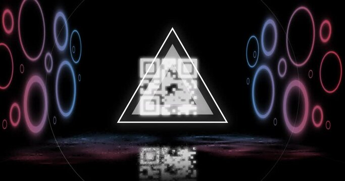 Animation of glowing qr code over neon circles