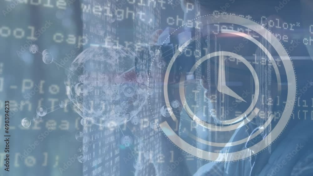 Poster animation of data processing and clock over caucasian holding camera