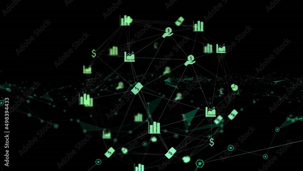 Poster animation of icons and network of connections on black background