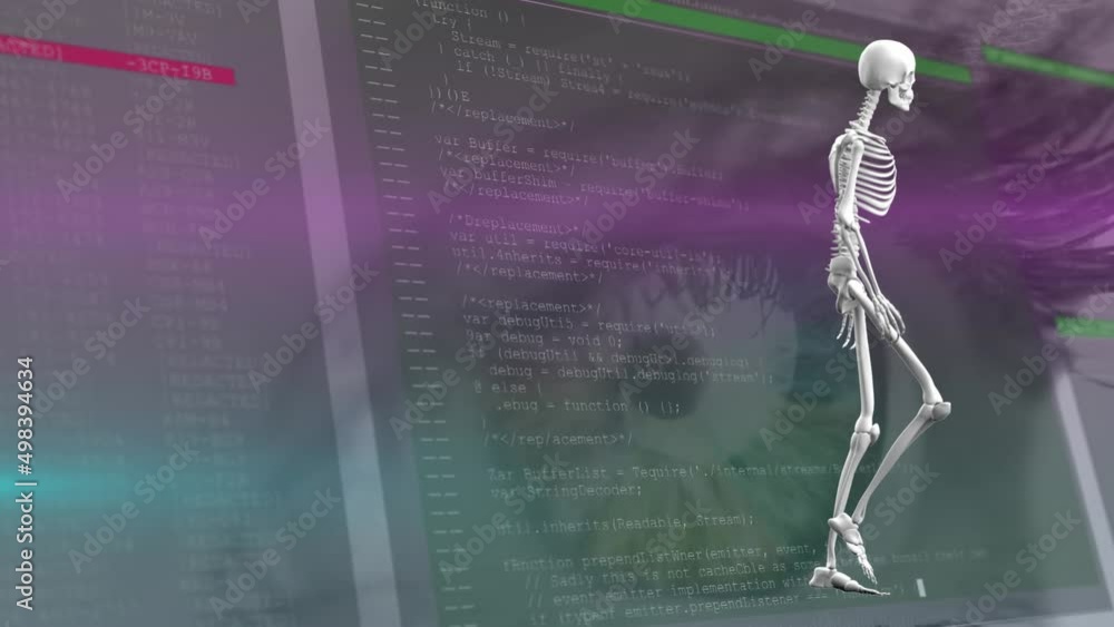Poster animation of data processing and digital skeleton over eye