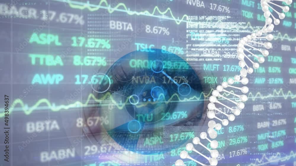 Poster animation of data processing and dna strand over eye