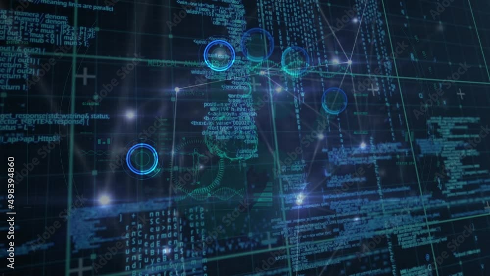 Poster animation of network of connections over data processing in blue and black space