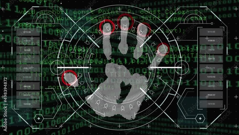 Poster animation of data processing, hand and bionic security over black space