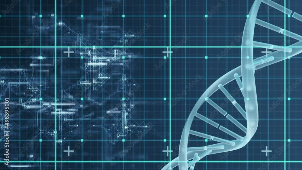 Poster animation of dna chain rotating over checked blue space
