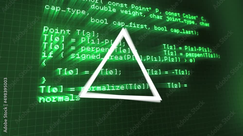 Poster animation of rotating triangles over data processing in green and black space