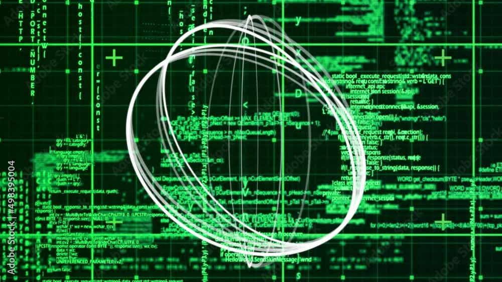 Poster animation of rotating circles over data processing in green and black space
