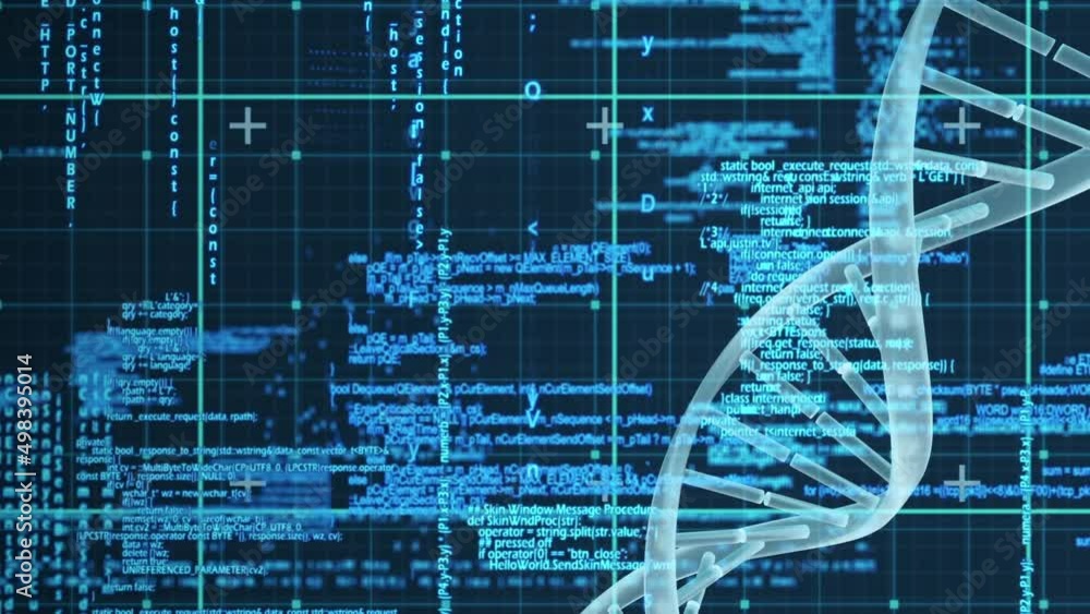 Aufkleber animation of dna chain over data processing in blue and black space