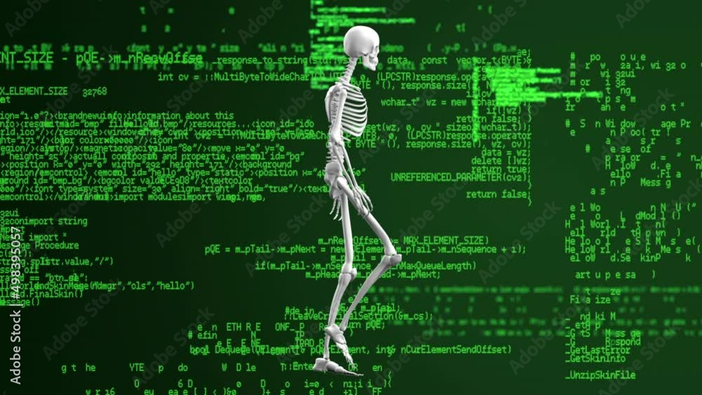 Aufkleber animation of human skeleton model walking over data processing in green and black space