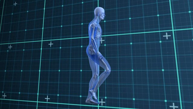 Animation of walking human model over checked dark blue space
