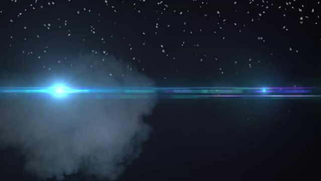 Animation of snow falling over lights moving on black background