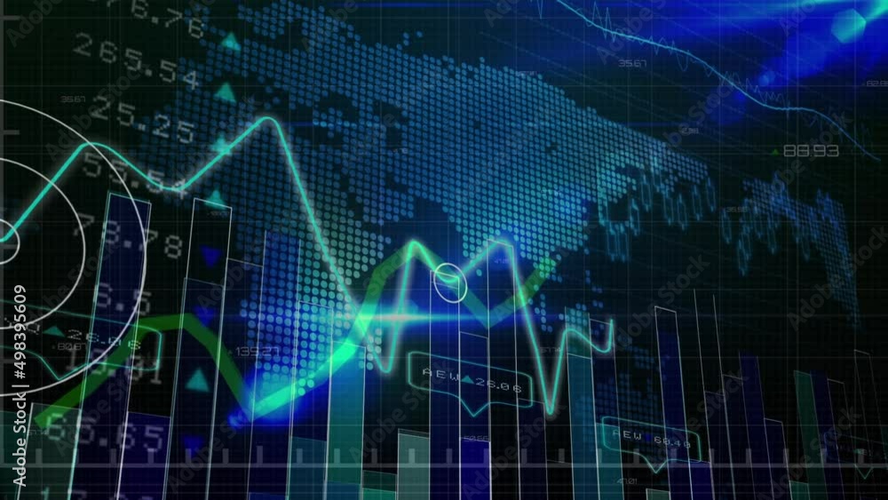 Poster animation of graphs and financial data over world map and blue and black screen