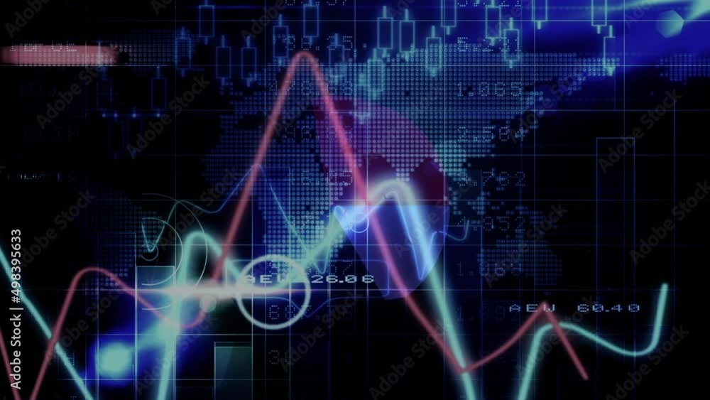 Poster animation of graphs and financial data over world map and blue and black screen