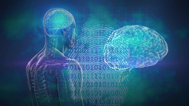 Animation of brain and human model rotating over background with fingerprints and binary code