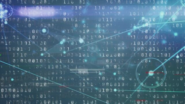 Animation of network of connections with icons over binary coding data processing
