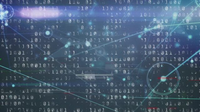 Animation of network of connections with icons over binary coding data processing