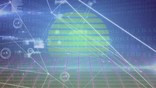 Animation of network of connections with icons over binary coding data processing