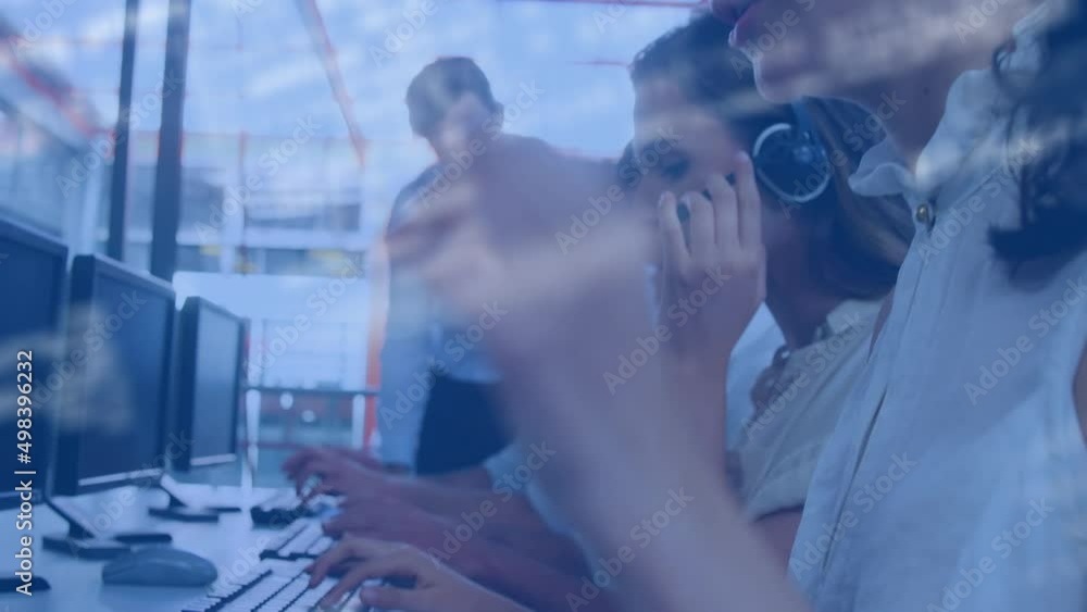 Poster animation of data processing over diverse business people using phone headsets