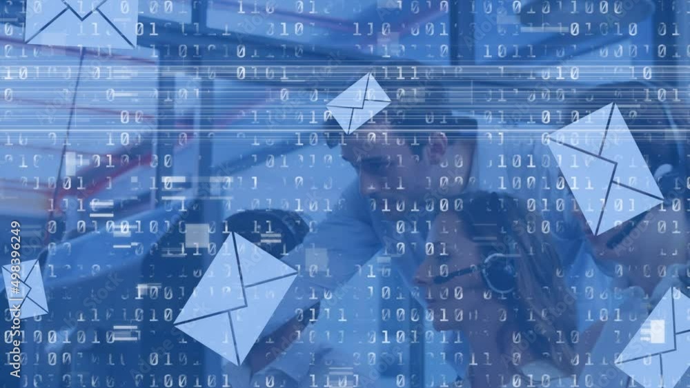 Poster animation of envelopes with binary coding over diverse business people using phone headsets