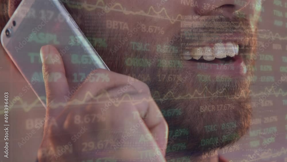 Poster animation of financial data processing over caucasian man using smartphone