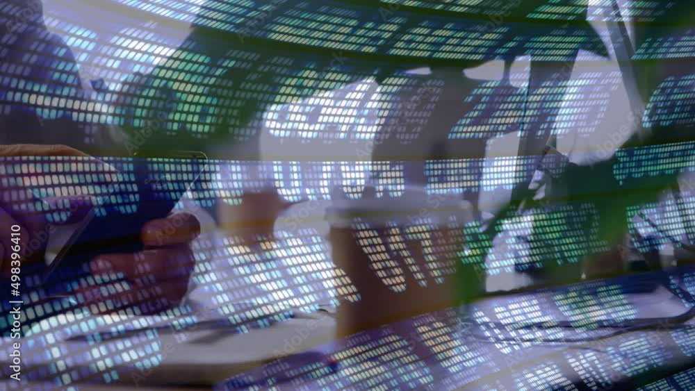 Poster animation of financial data processing over caucasian man using smartphone