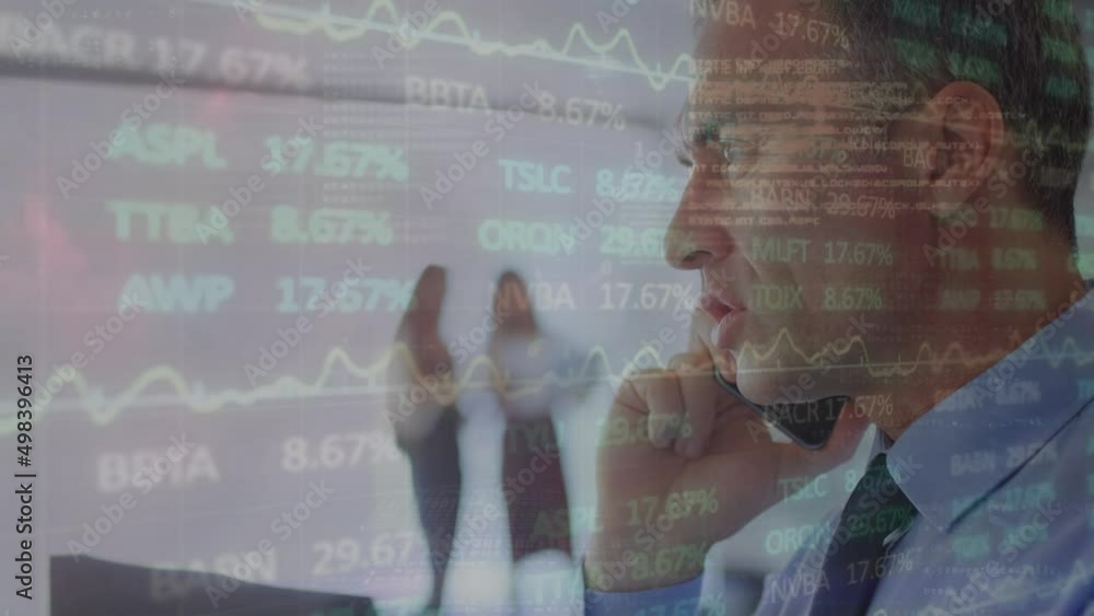 Poster animation of financial data processing and lightning over caucasian businessman using smartphone
