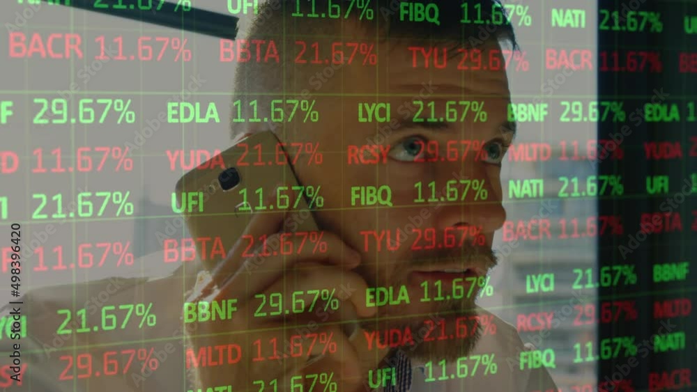 Aufkleber animation of financial data processing over caucasian man using smartphone