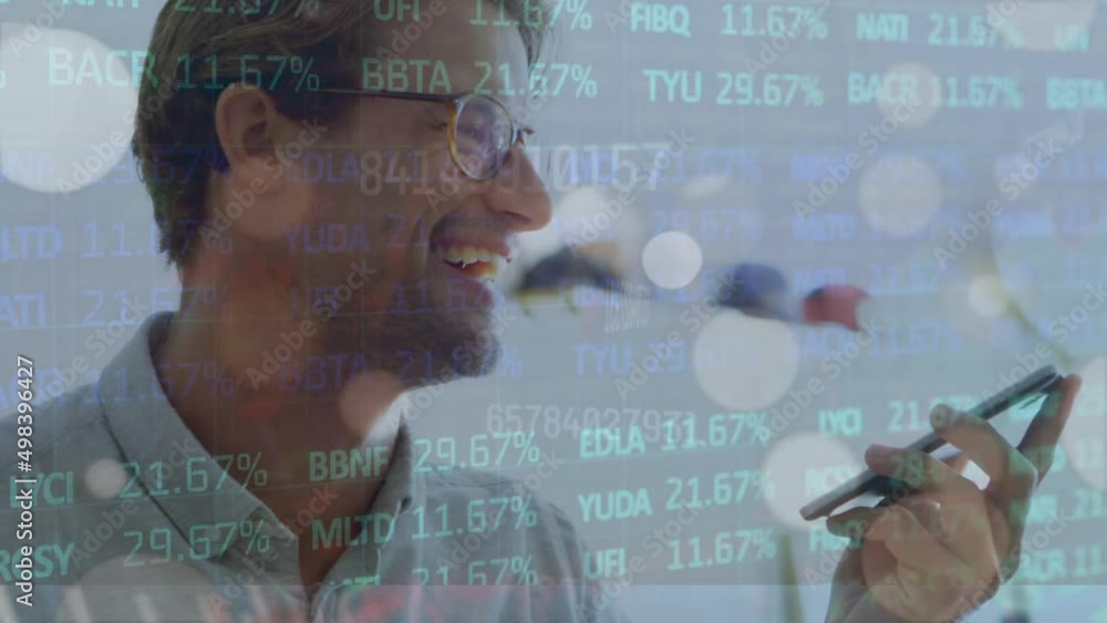 Poster animation of financial data processing over caucasian man using smartphone