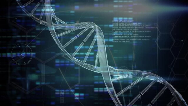 Animation of dna strand spinning over scientific data processing on blue background
