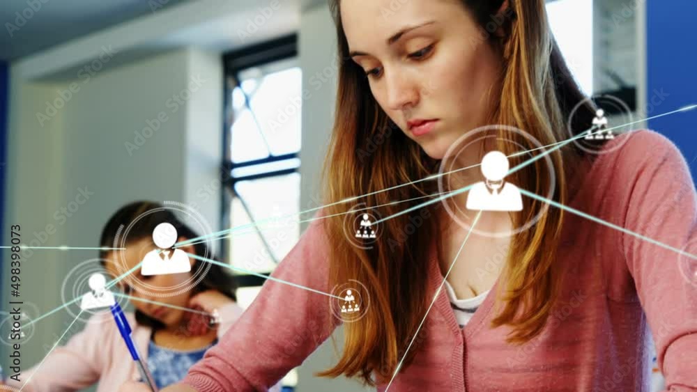 Poster animation of network of connections with icons over diverse students in classroom