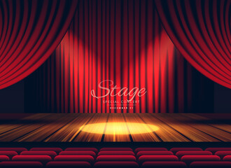 Premium red curtains stage, theater or opera background with spotlight