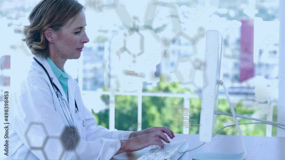 Poster animation of scientific data processing over caucasian female doctor using computer