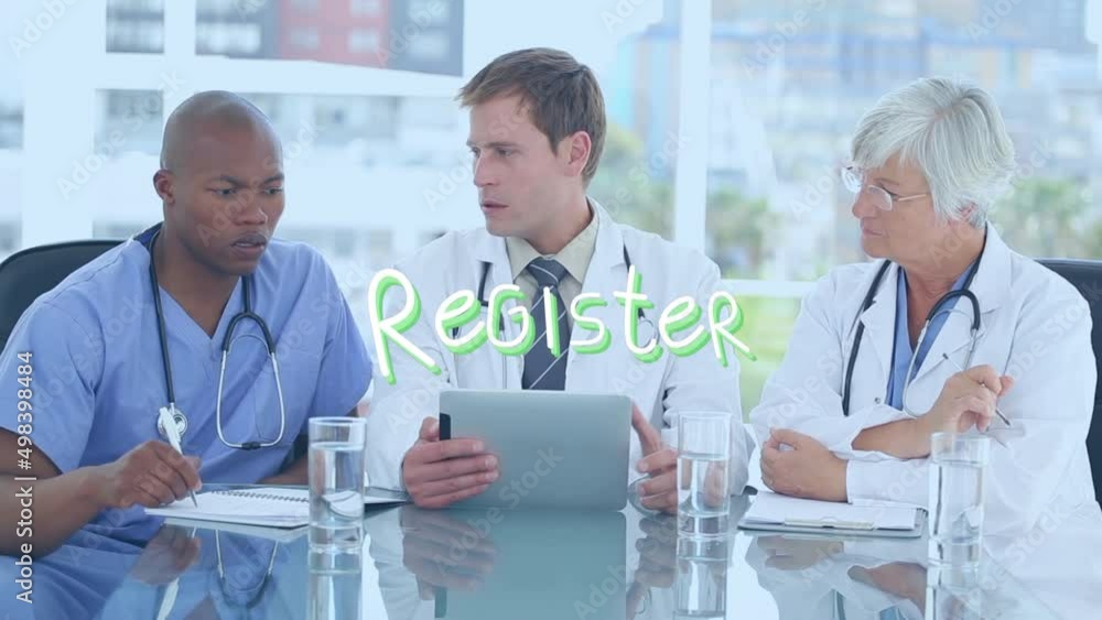 Poster animation of register text over diverse doctors using tablet