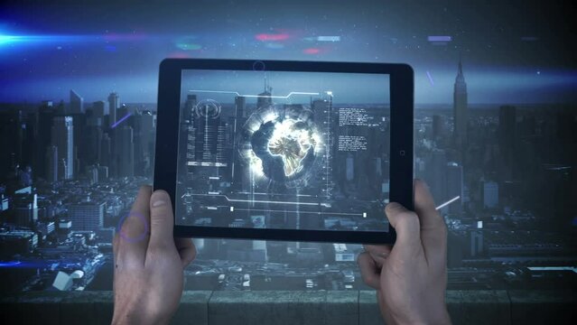 Animation of data processing and globe over caucasian businessman holding tablet