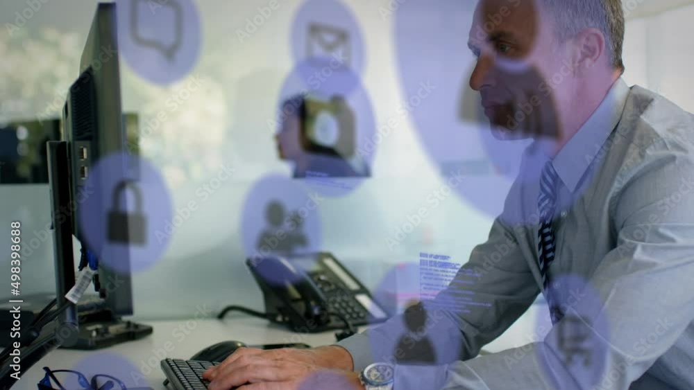 Aufkleber animation of technology icons over caucasian man using computer