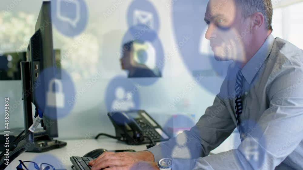 Poster animation of technology icons over caucasian man working on computer