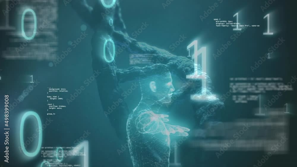 Poster animation of binary code and diverse data over dna chain on green background