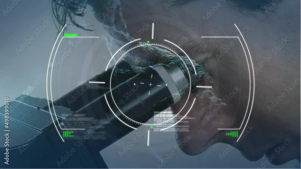 Poster animation of glitch and diverse data over caucasian man using microscope