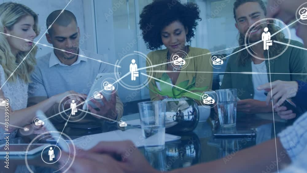Poster animation of network of connections with icons over diverse business people using tablets