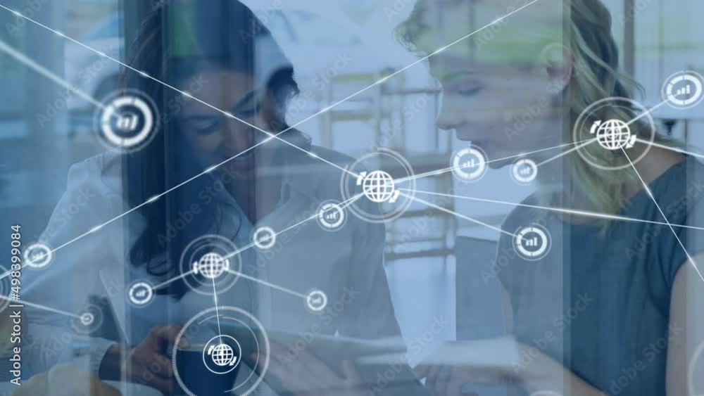 Poster animation of network of connections with icons over diverse business people using tablet