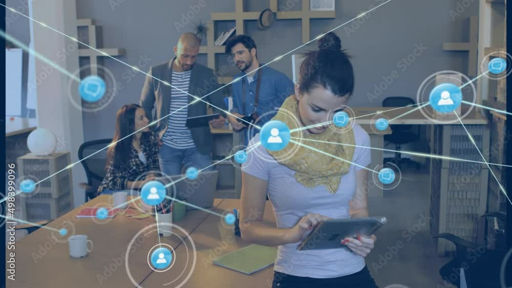 Poster animation of network of connections with icons over diverse business people using tablets