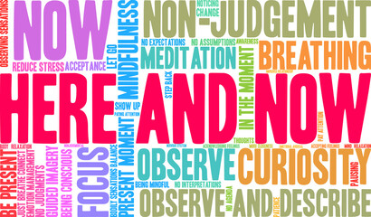 Here and Now Word Cloud on a white background. 