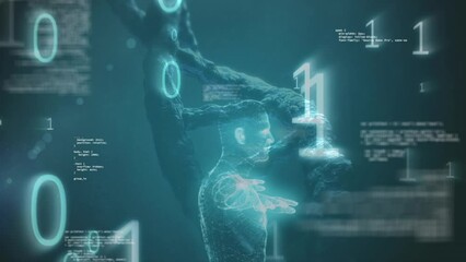 Animation of binary code and diverse data over dna chain on green background - Powered by Adobe