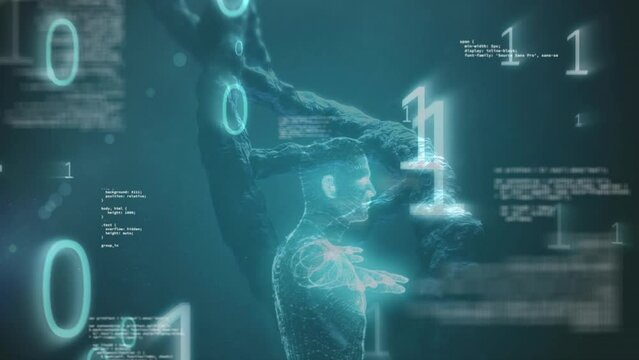 Animation of binary code and diverse data over dna chain on green background