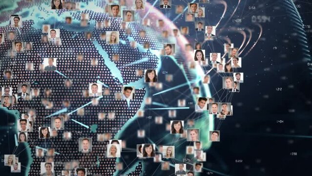Animation of globe with network of connections and business people photos