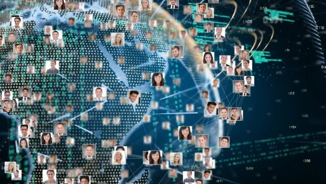 Animation of globe with network of connections and business people photos
