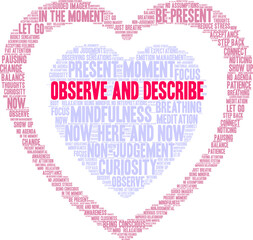 Observe and Describe During Mindfulness Word Cloud on a white background. 