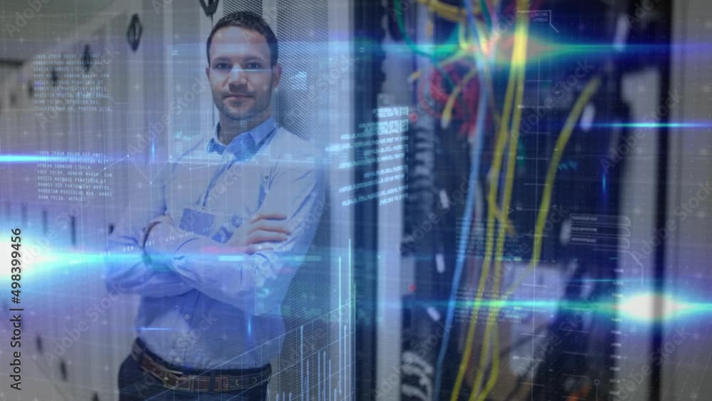 Poster animation of lights and data processing over caucasian man standing at servers