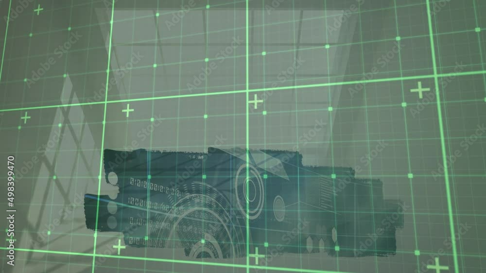 Poster animation of digital moving checked screen over technology project in background