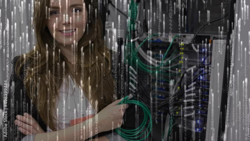 Poster Animation of lights falling over happy caucasian woman with wires standing at servers