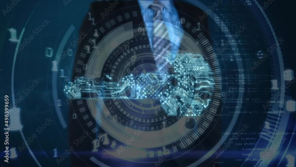 Poster animation of binary code and digital key over hands of caucasian businessman using touchscreen